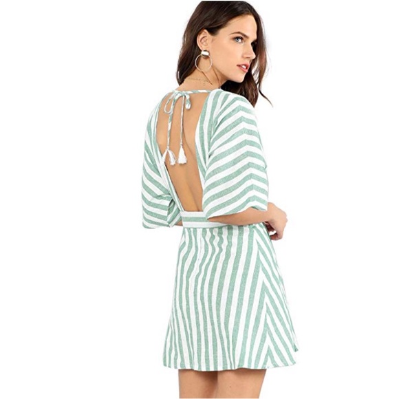 Flutter Away Green Stripped V Neck Backless Dress - Picture 2 of 4
